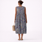 Vestido midi sin mangas azul gris con estampado floral, vista trasera