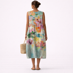 Vestido midi sin mangas estampado multicolor, vista trasera con frunces en la cintura
