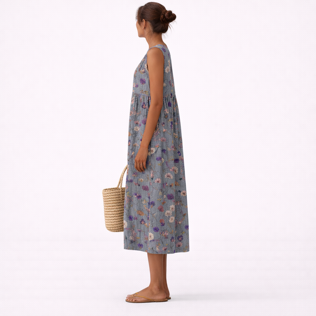 Vestido midi sin mangas azul gris con estampado floral, espalda completa
