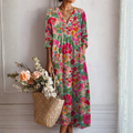Vestido midi floral con escote en V y mangas tres cuartos, cintura fruncida