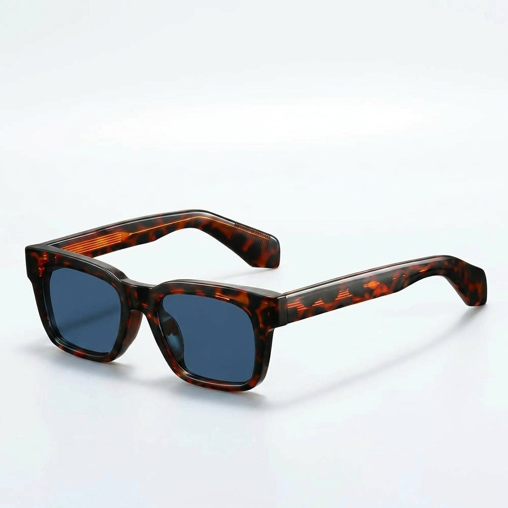 Gafas Vanguard Eclipse con montura carey y lentes azules oscuras, estilo cuadrado