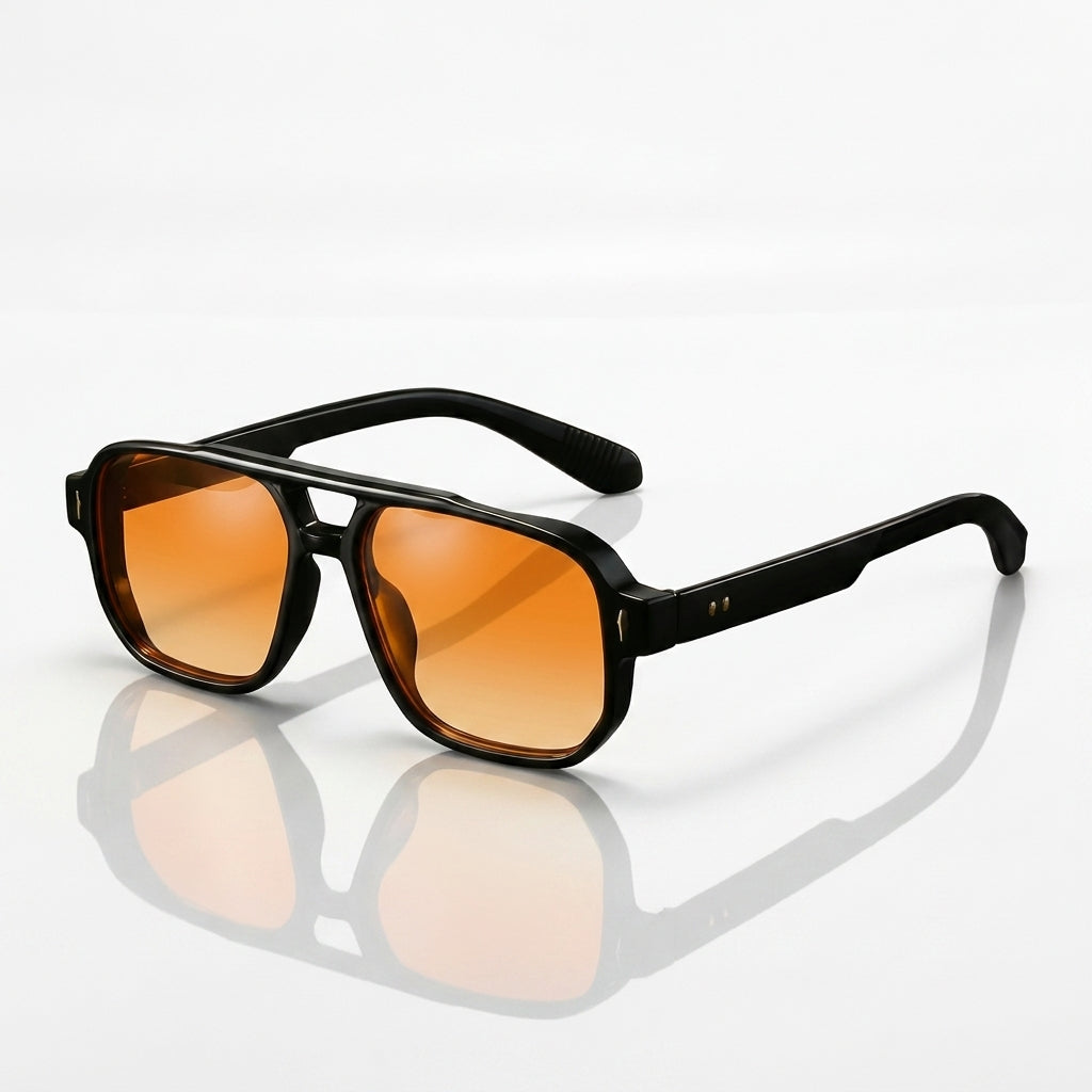 Gafas rectangulares de montura negra mate con lentes color ámbar/naranja