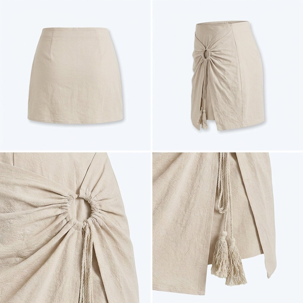 Falda corta beige con frunce frontal y lazo con flecos, vista frontal y lateral