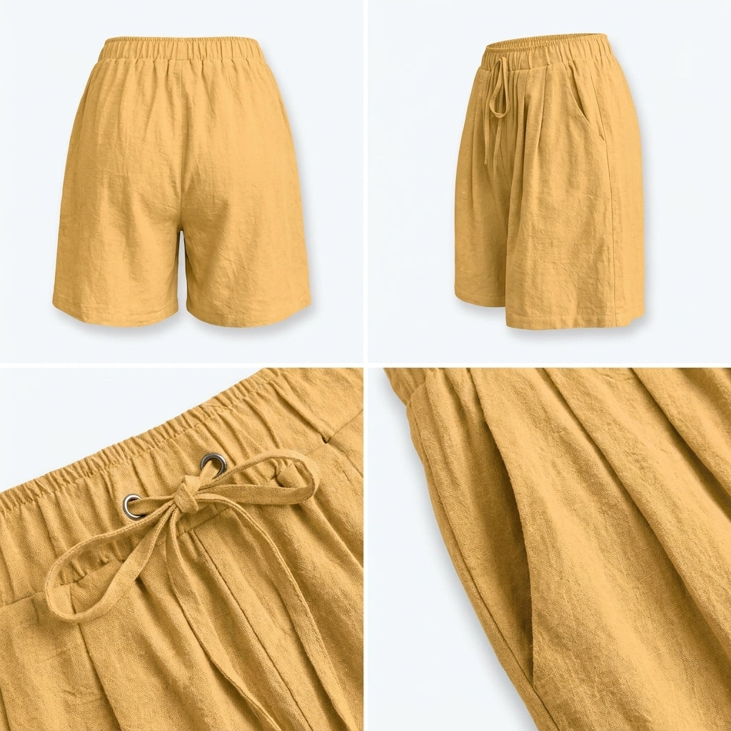 Short mostaza: cintura elástica y cordón, vista frontal y lateral (detalle)