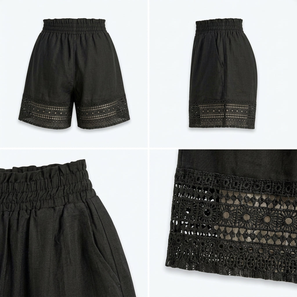 Short negro en vista frontal y detalle del bajo con bordado calado