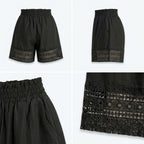 Short negro en vista frontal y detalle del bajo con bordado calado