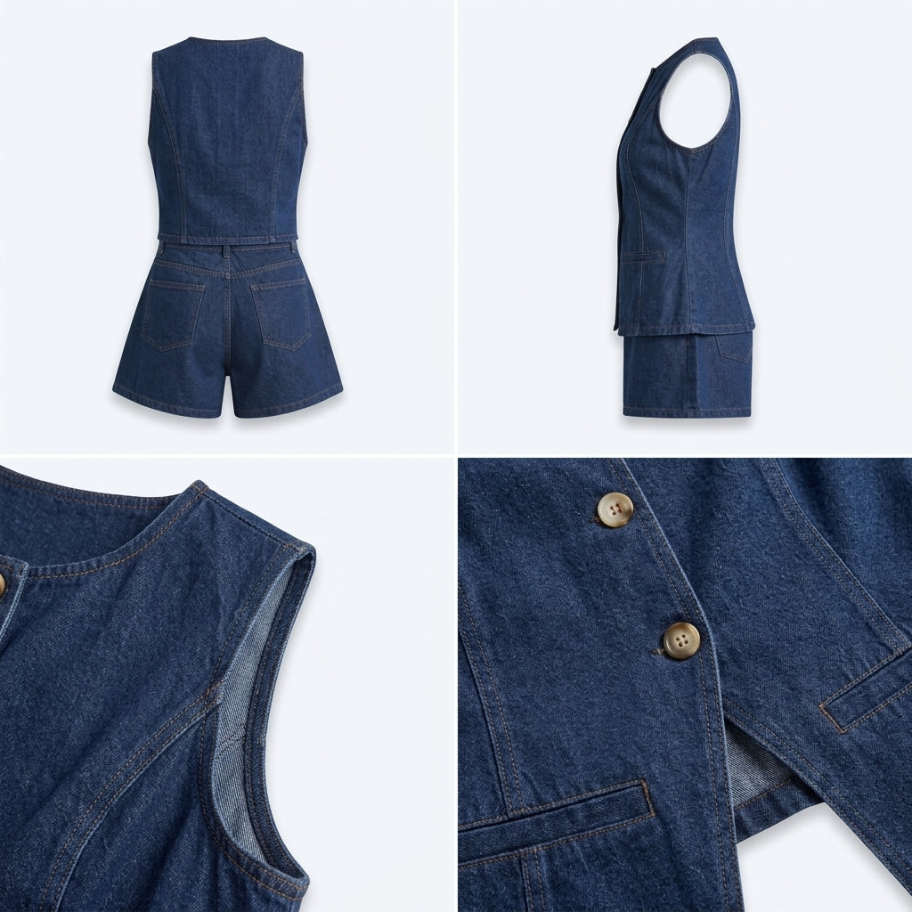 Conjunto vaquero sin mangas con botones y short; detalle de botones y bolsillos