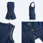 Conjunto vaquero sin mangas con botones y short; detalle de botones y bolsillos