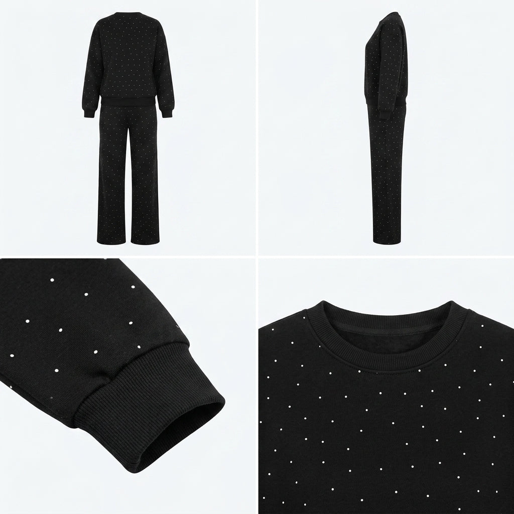 Conjunto de punto negro de dos piezas: jersey y pantalón ancho con lunares brillantes