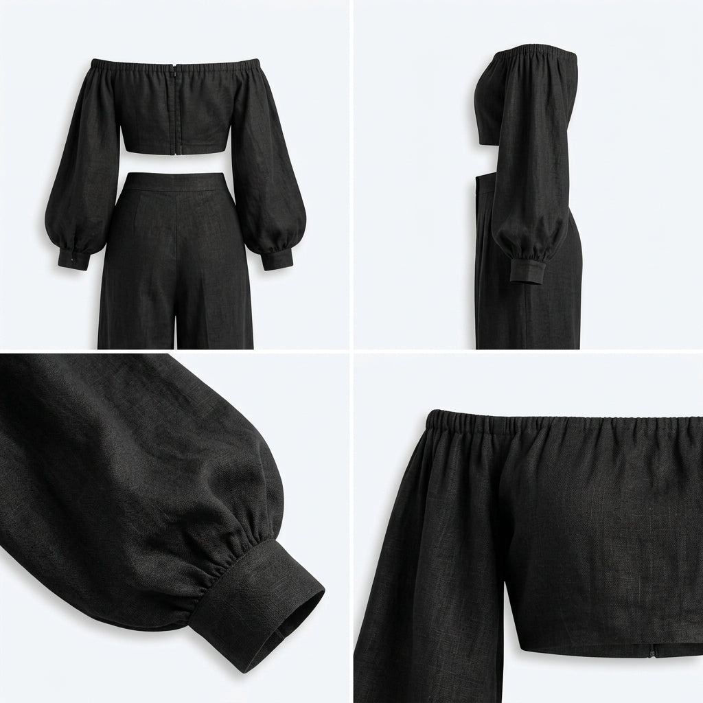 Conjunto de lino negro: top bardot con mangas abullonadas y pantalón tiro alto
