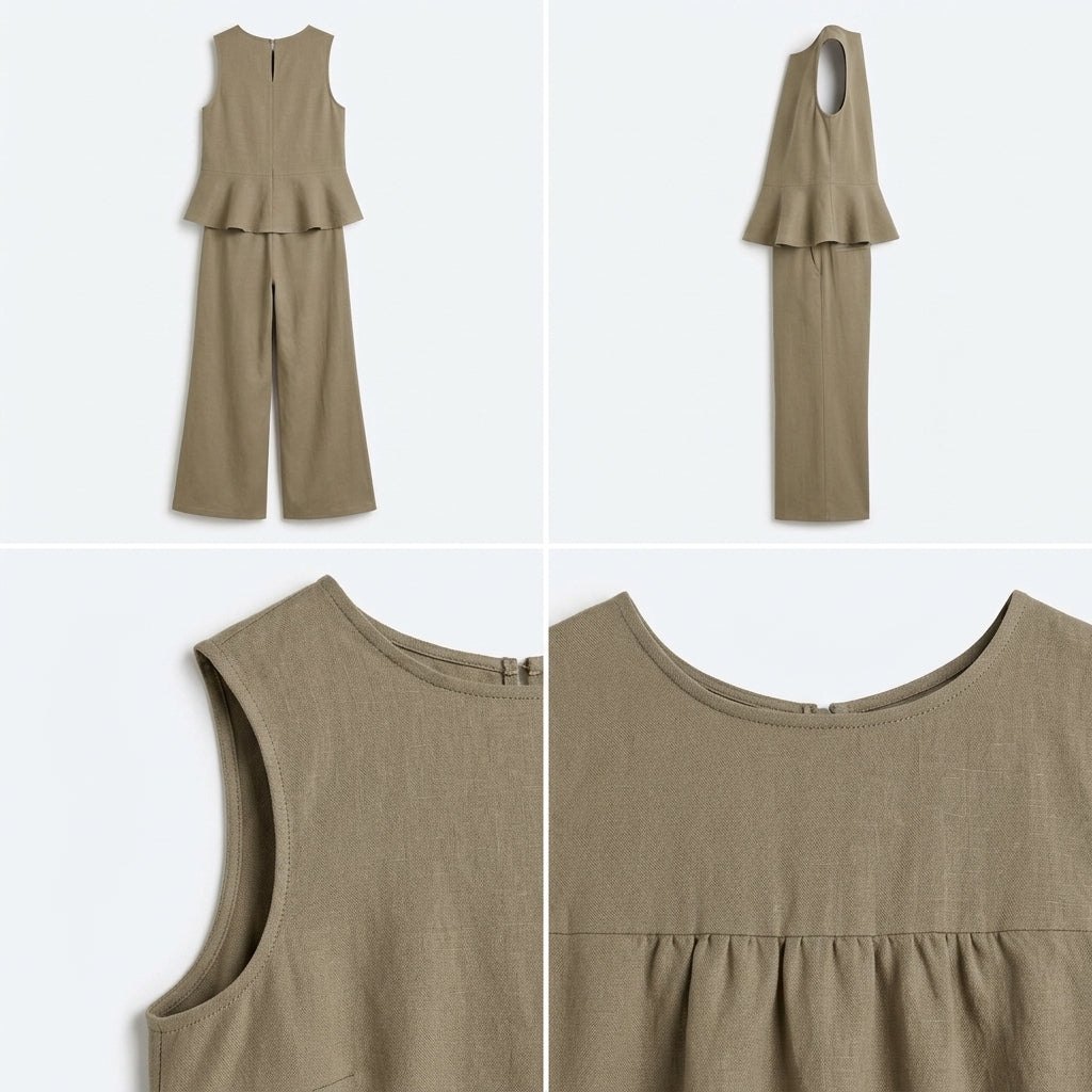 Conjunto de lino beige: detalle del top con volante y costuras del pantalón