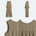 Conjunto de lino beige: detalle del top con volante y costuras del pantalón