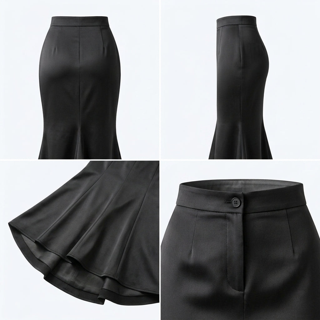 Falda sirena negra con cintura alta y dobladillo acampanado en capas.