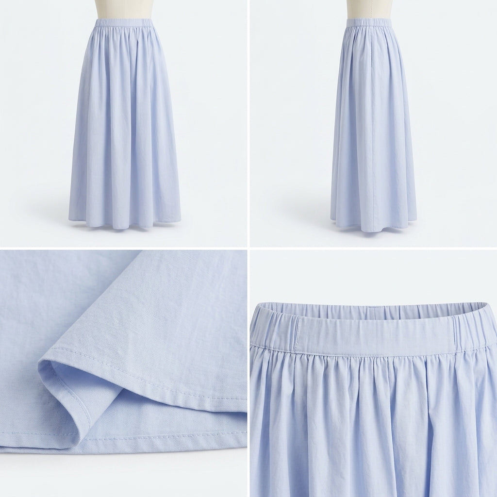 Falda midi azul claro de algodón con pliegues y cintura elástica