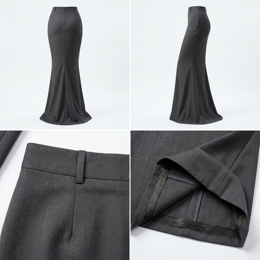 Falda maxi gris entallada tipo sirena con cintura y dobladillo