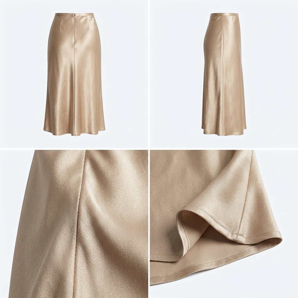 Falda midi satinada color champagne, vista frontal y laterales con caída lisa