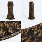 Falda maxi de satén con estampado leopardo marrón y negro, corte recto largo