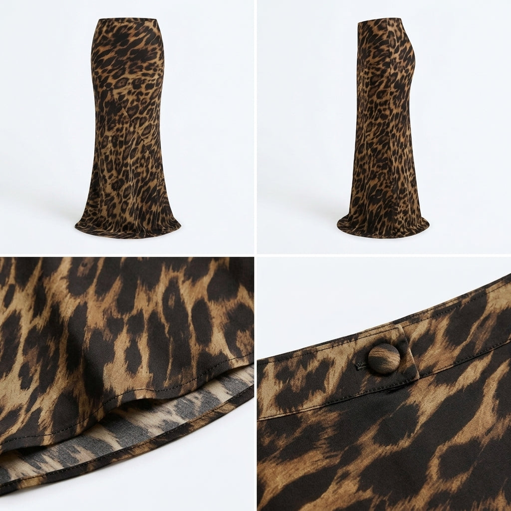 Falda maxi de satén con estampado leopardo marrón y negro, corte recto largo