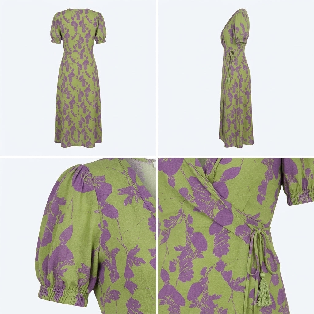 Vestido midi verde lima con estampado morado; escote cruzado en V y manga globo.