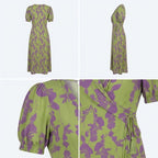 Vestido midi verde lima con estampado morado; escote cruzado en V y manga globo.