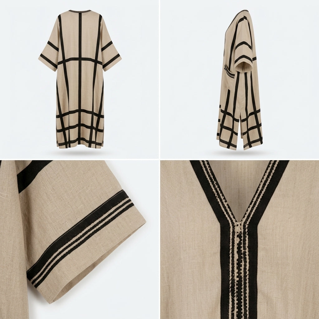 Caftán beige con líneas negras estilo cuadrícula y ribete decorativo en V