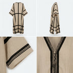 Caftán beige con líneas negras estilo cuadrícula y ribete decorativo en V
