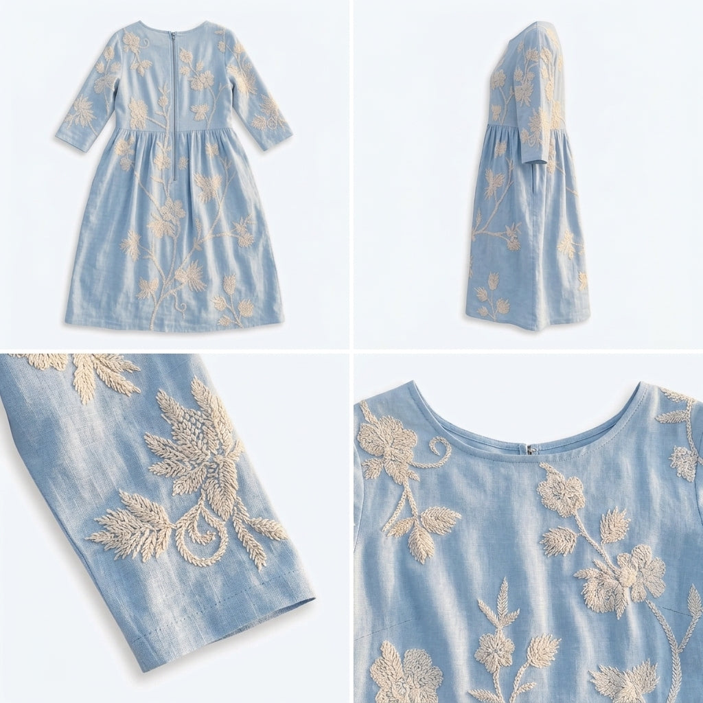Vestido floral Cátia azul con bordado beige, cuello redondo y manga tres cuartos