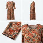 Vestido Amalfi floral: vista frontal y trasera, cuello redondo y mangas tres cuartos.
