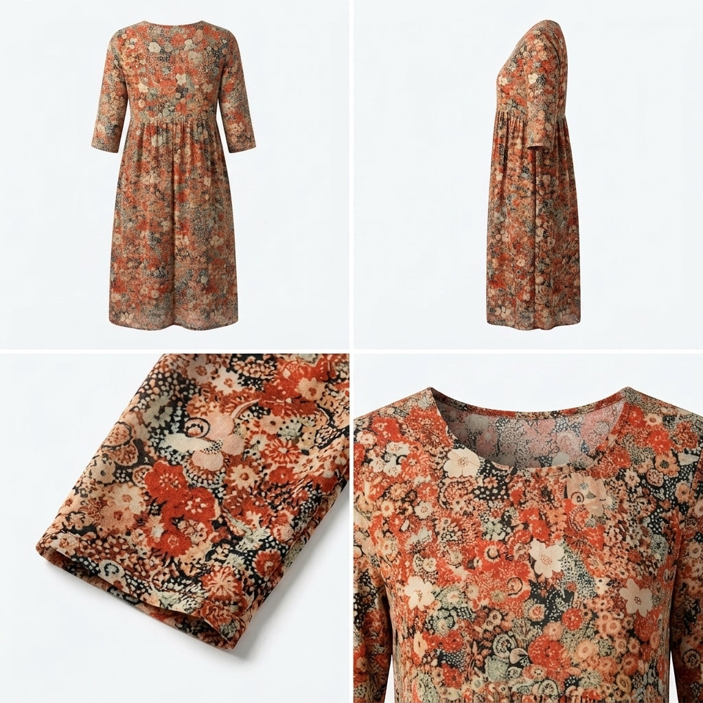 Vestido Amalfi floral: vista frontal y trasera, cuello redondo y mangas tres cuartos.