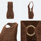 Vestido marrón de punto con tirante trasero y anillo metálico; textura calada