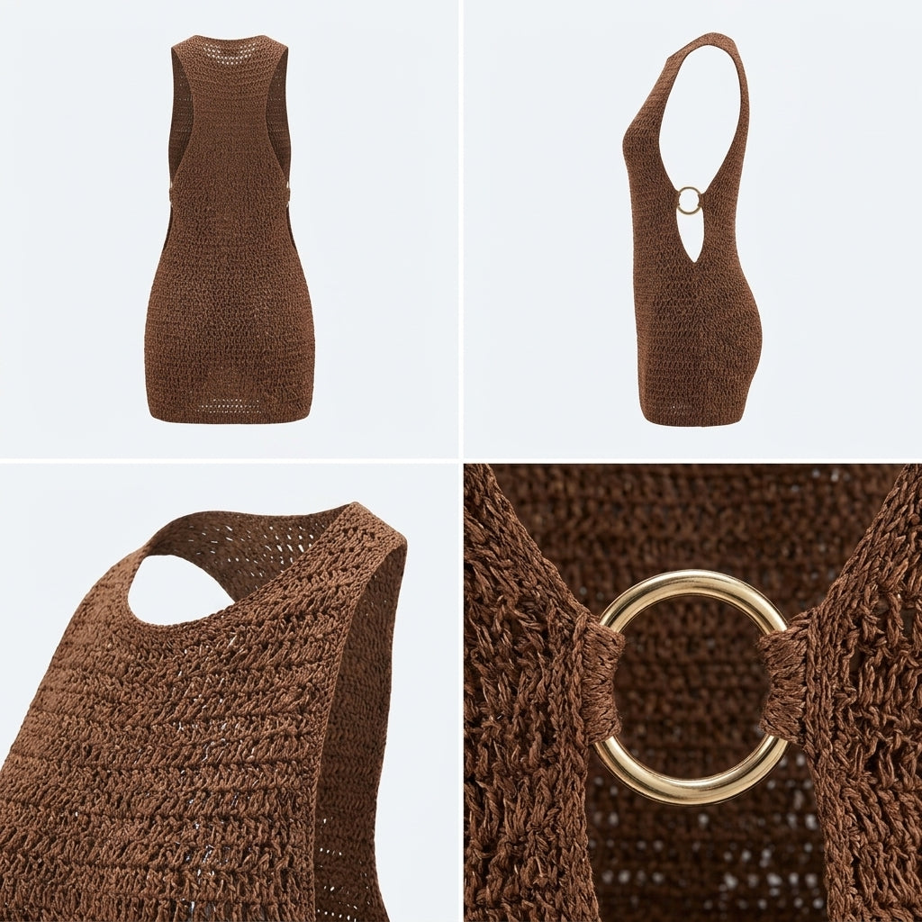 Vestido marrón de punto con tirante trasero y anillo metálico; textura calada