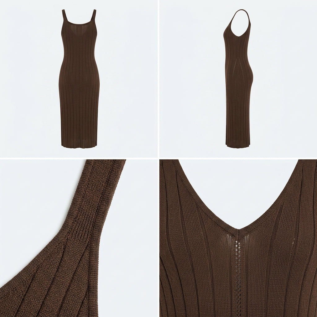 Vestido marrón de tirantes, escote en V, cierre frontal y canalé