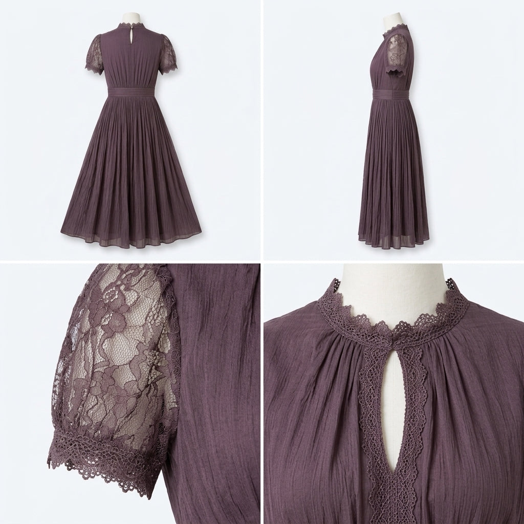 Vestido Lumière viola con encaje en el escote, mangas cortas y falda plisada.