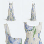 Vestido estampado floral de tirantes finos, falda amplia plisada y fruncidos en cintura