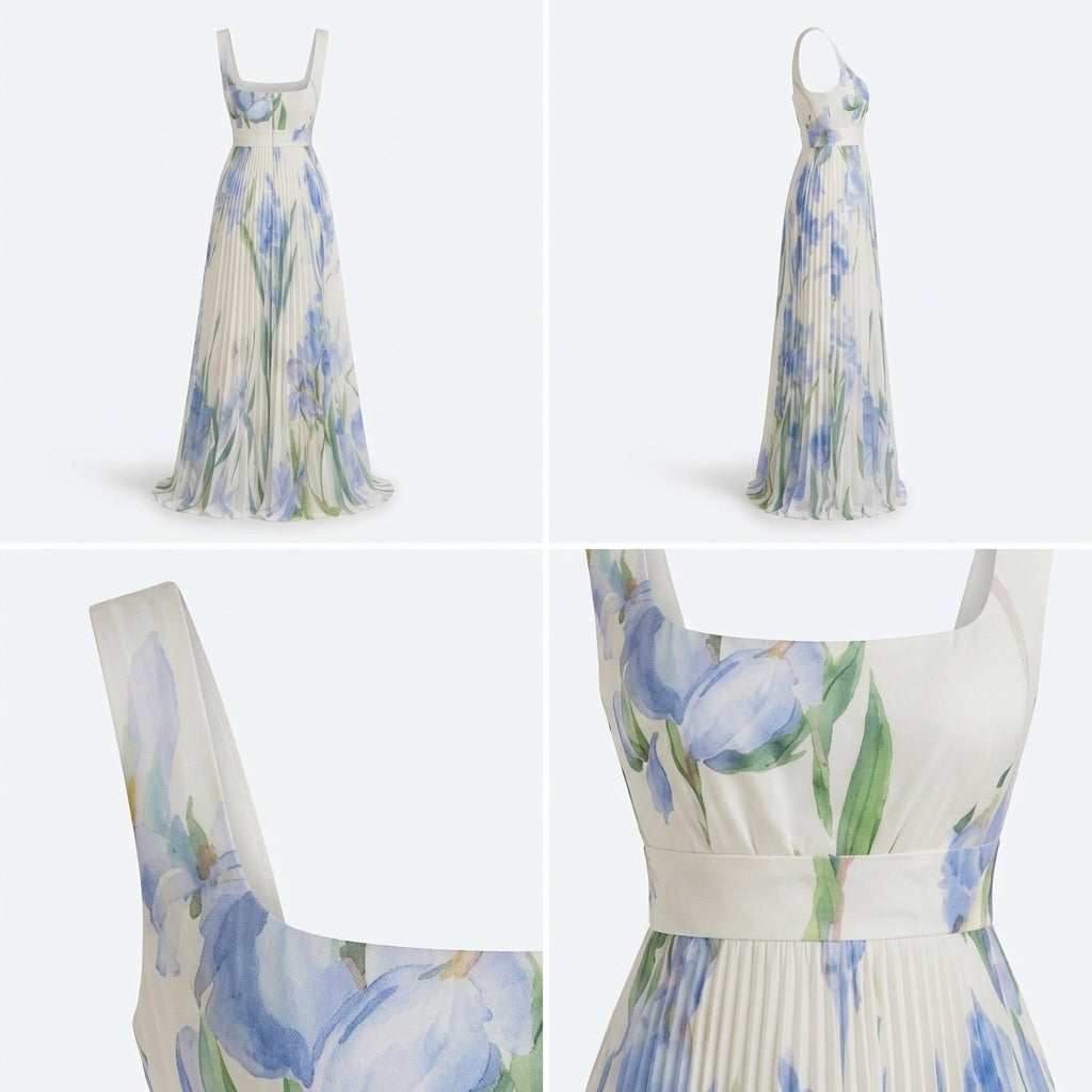 Vestido estampado floral de tirantes finos, falda amplia plisada y fruncidos en cintura