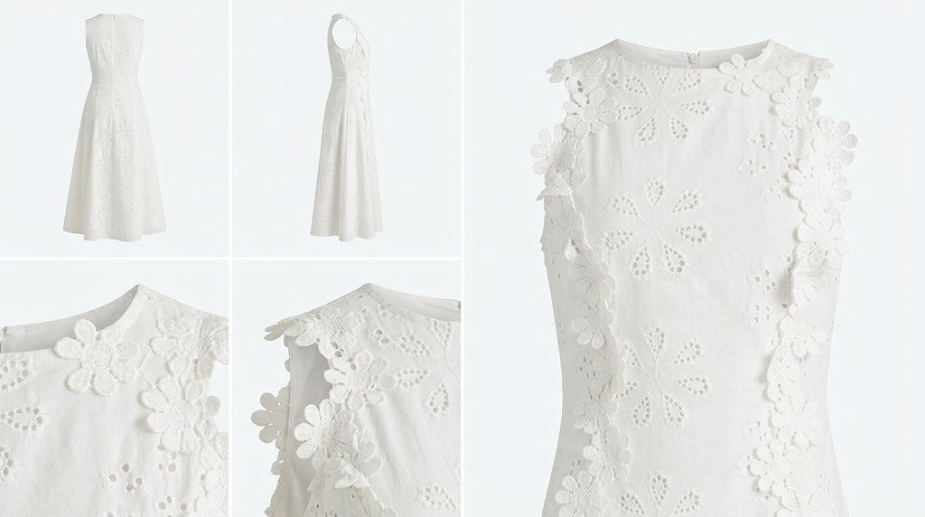 Vestido blanco sin mangas con encaje floral y paneles calados