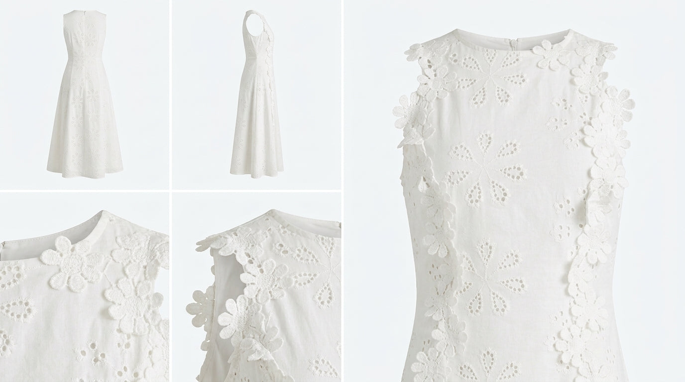Vestido blanco sin mangas con encaje floral y paneles calados