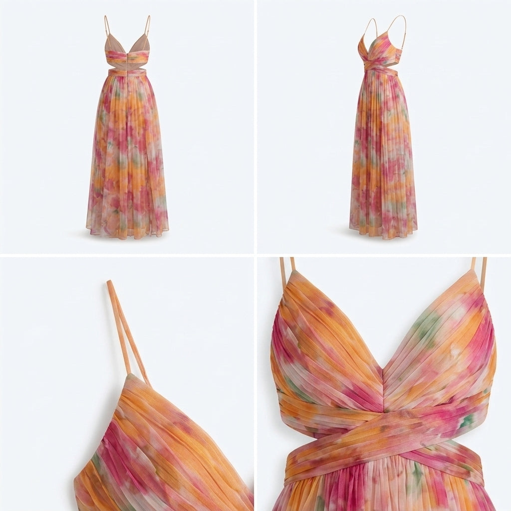 Vestido Belle Époque naranja con tirantes finos, escote cruzado y falda plisada
