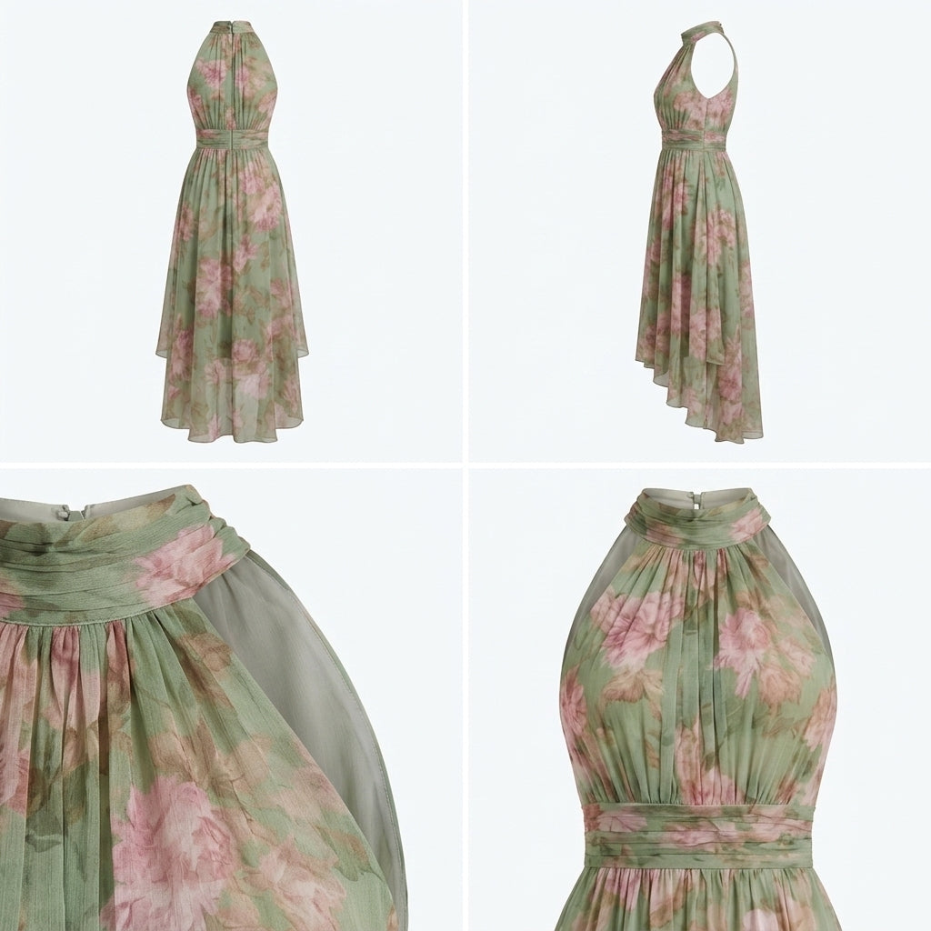 Vestido floral sin mangas: vista frontal y trasera con falda asimétrica y cuello halter.