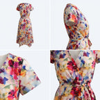 Vestido Fleur d'Été estampado watercolor multicolor, escote cruzado y lazo