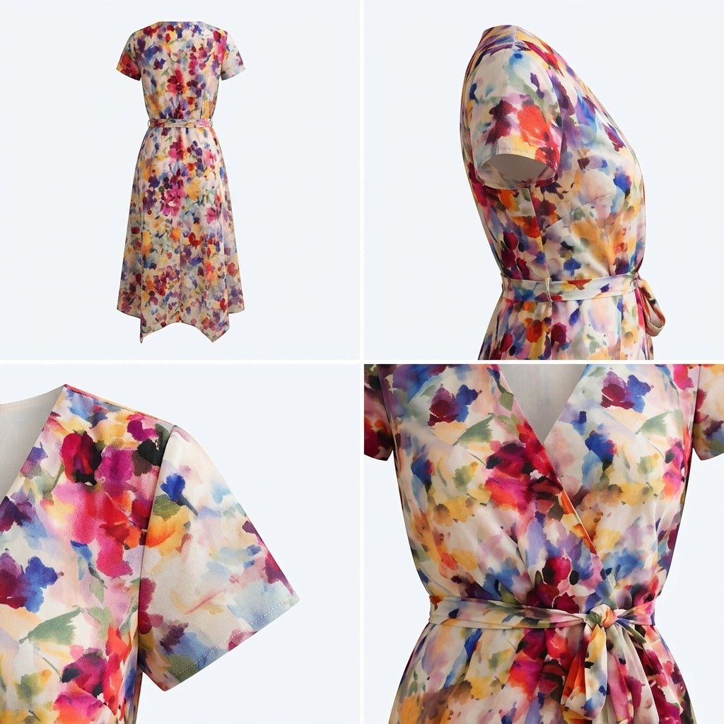 Vestido Fleur d'Été estampado watercolor multicolor, escote cruzado y lazo