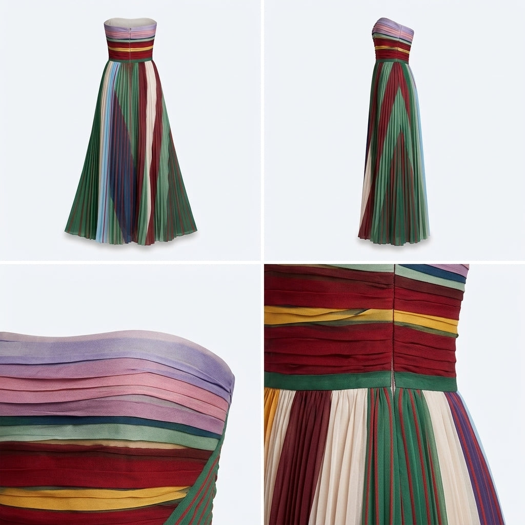Vestido largo bandeau con rayas verticales multicolor y falda plisada.