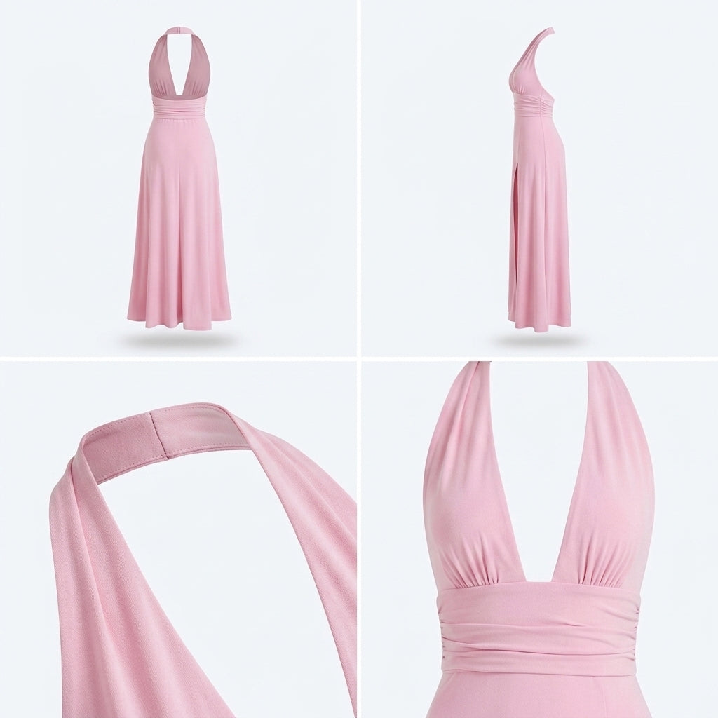Vestido Élysée Lilli rosa con escote halter y fruncidos; vista frontal y espalda