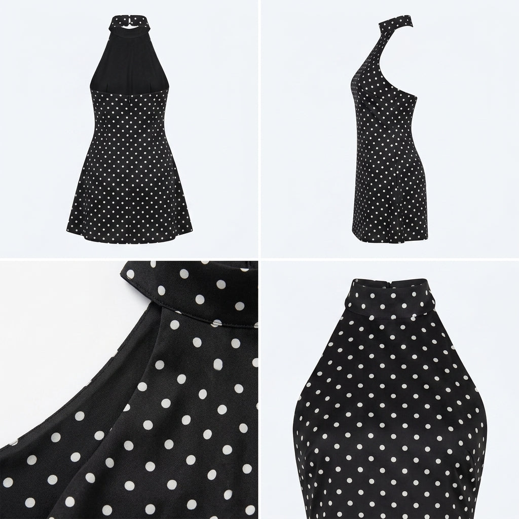 Vestido capri de lunares negro, sin mangas y escote alto