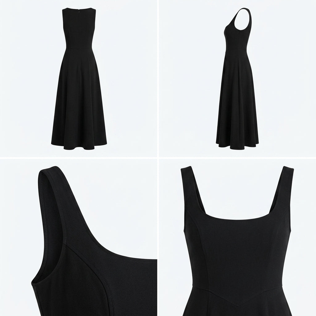 Vestido negro sin mangas con escote cuadrado y falda midi acampanada.