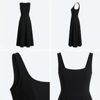 Vestido negro sin mangas con escote cuadrado y falda midi acampanada.