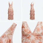 Vestido estampado rosa con escote en V y volantes escalonados