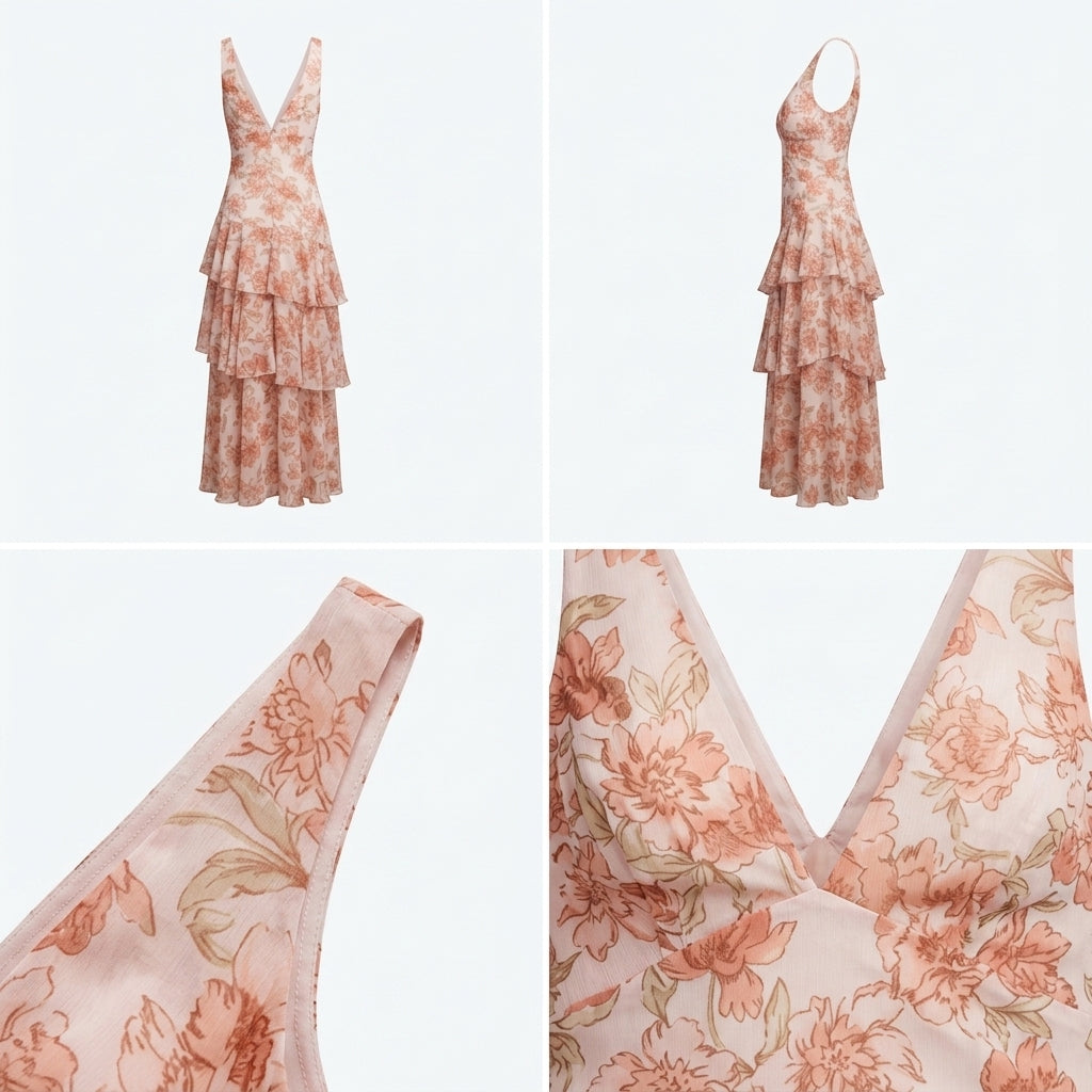 Vestido estampado rosa con escote en V y volantes escalonados