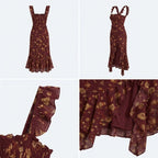 Vestido granate con tirantes finos y estampado dorado, falda con caída