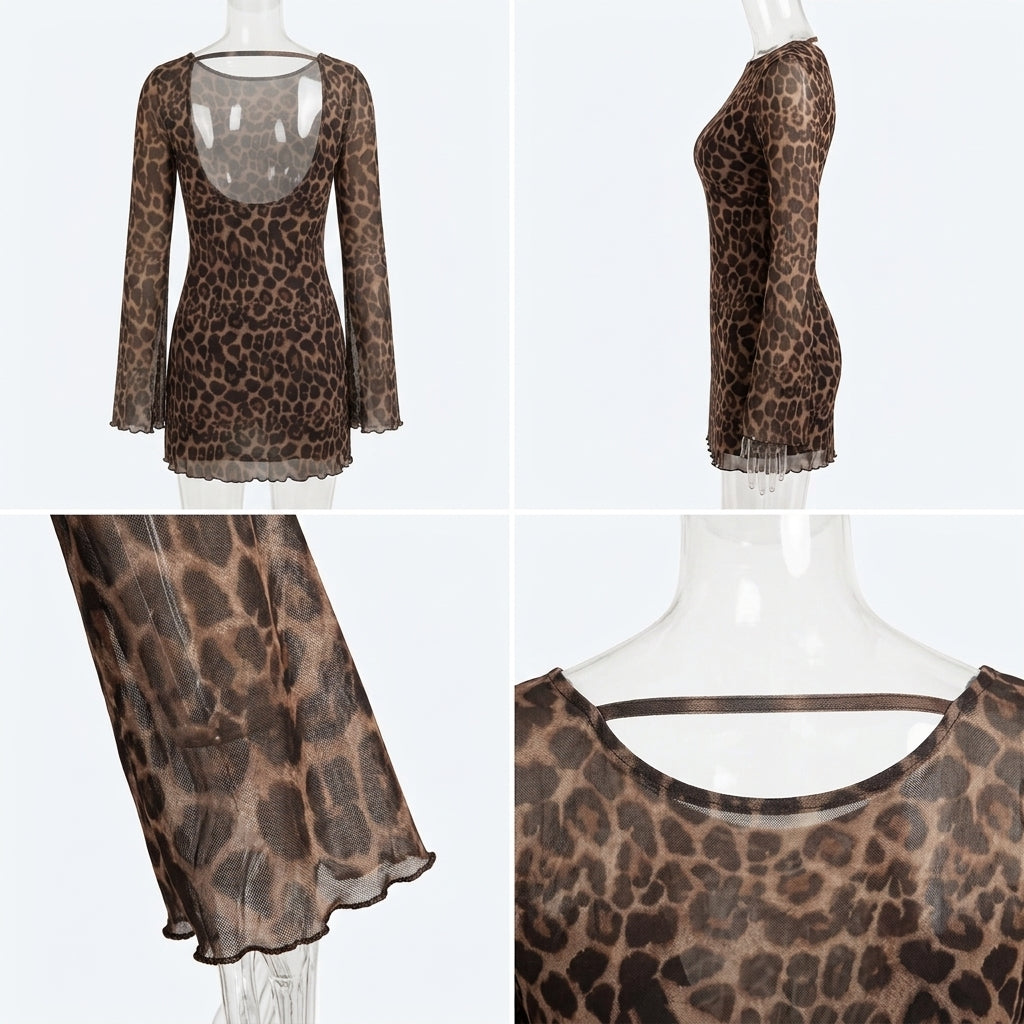 Vestido Salvaje de Selene en estampado leopardo, manga larga y bajo con volantes